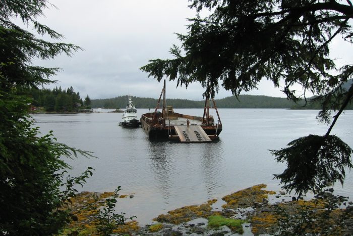 Tug and Equipment Barge for Lodge Construction Construction barge and tug boat used for development of Chinook Shores Lodge