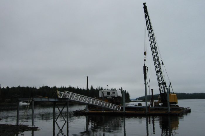 Pile Driving for Dock Construction Pile driving for dock construction at fishing lodge in Ketchikan Alaska