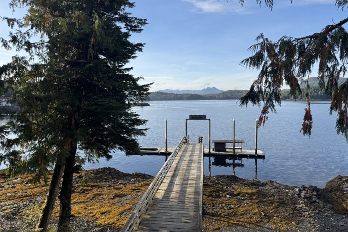 View of ocean and dock from Cedar Cabin at fishing lodge in Ketchikan