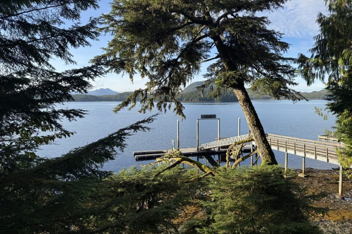 View of ocean and dock from Hemlock Cabin at fishing lodge in Ketchikan
