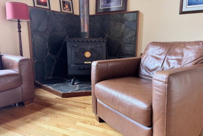 Interior of alaskan cabin with wood stove