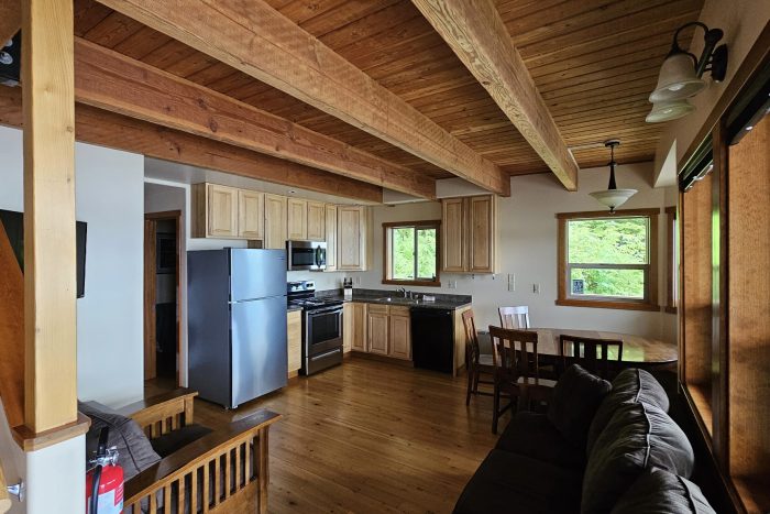 Water view cabin, beachfront cabin, alaskan cabin, kitchen, living room, dining table