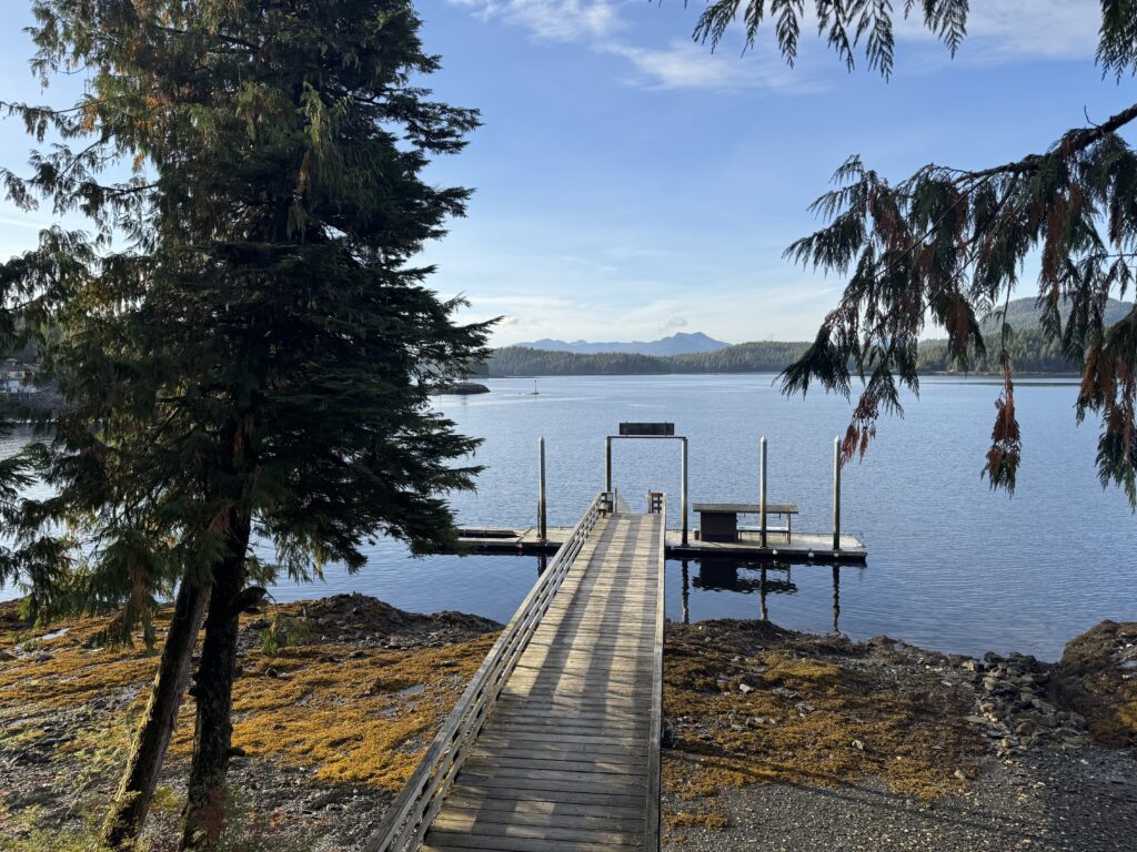 Sweeping ocean view and view of the dock from a fishing lodge cabin in Ketchikan